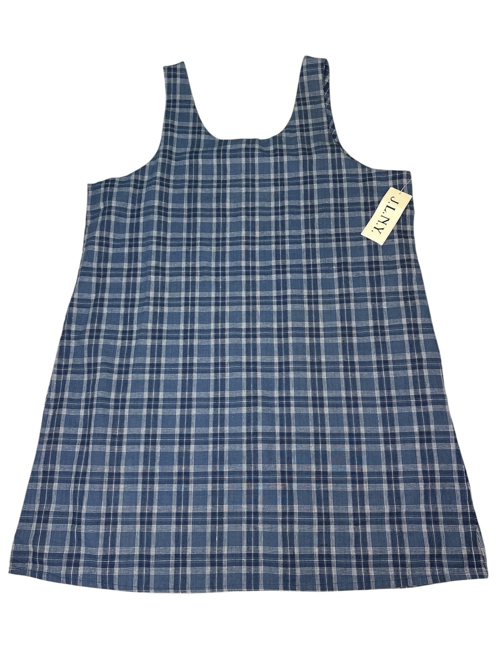 JLNY Women Plus Size 3X Dress New Tags Blue White Plaid Sheath Linen Cotton